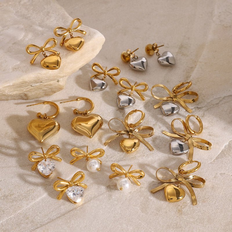 European and American Style Stainless Steel Valentine's Day Bow Earrings High Sense Zircon Heart Earrings Titanium Steel Ear Jewelry Cross Border