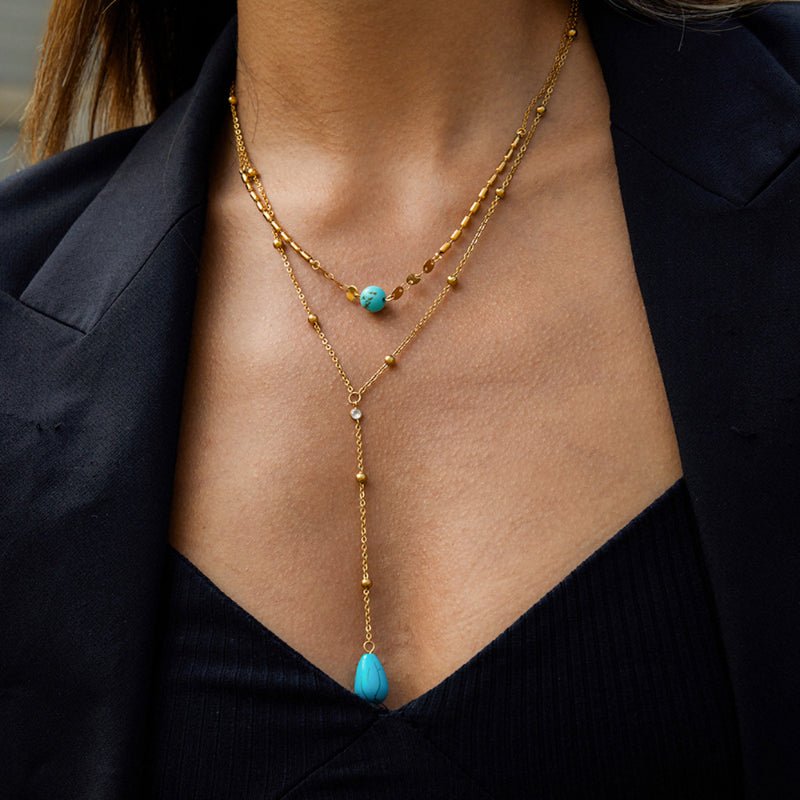 European American Blue Turquoise Double Layer Titanium Steel Long Necklace For Women Light Luxury Premium Y Chain Stainless Steel Jewelry