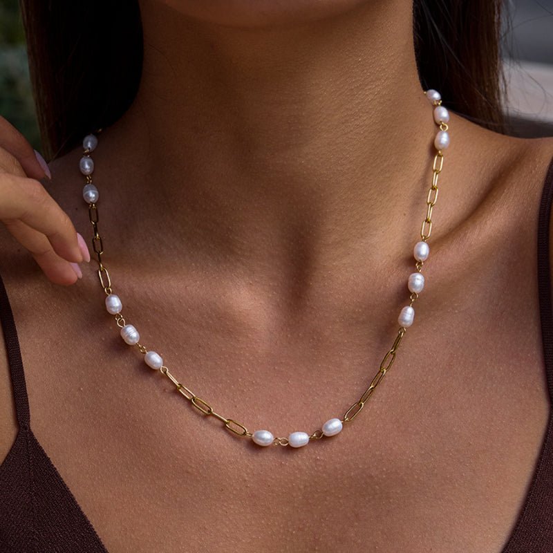 European American Titanium Steel Freshwater Pearl Long Necklace Light Luxury Premium Sweater Chain Stainless Steel Accessories Cross Border Jewelry