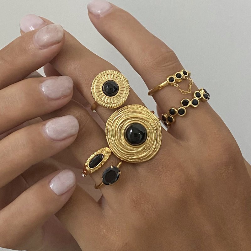 European American Stainless Steel Black Onyx Ring Premium Natural Stone Finger Ring Titanium Steel Jewelry Cross Border Rings