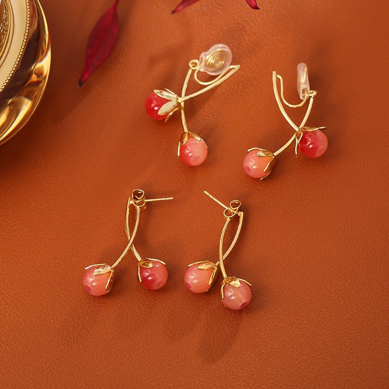 Sweet Cute Pink Cherry Stud Earrings Fresh Fashion No Piercing Disco Clip Earrings Luxury Fairy Style Earrings