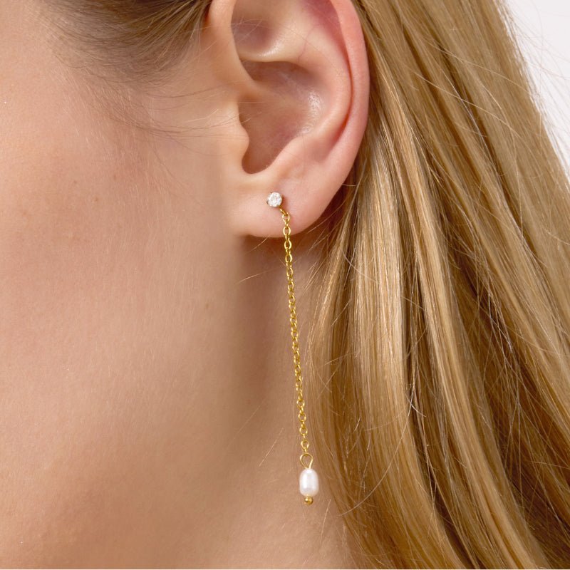 European American Stainless Steel Zircon Freshwater Pearl Tassel Earrings Light Luxury Premium Stud Earrings Titanium Steel Cross Border Jewelry