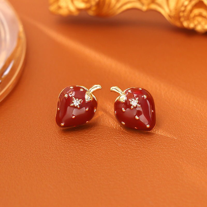 Creative Design Ankola Red Enamel Drip Strawberry Stud Earrings Elegant Fashion Luxury Exquisite Zircon Earrings
