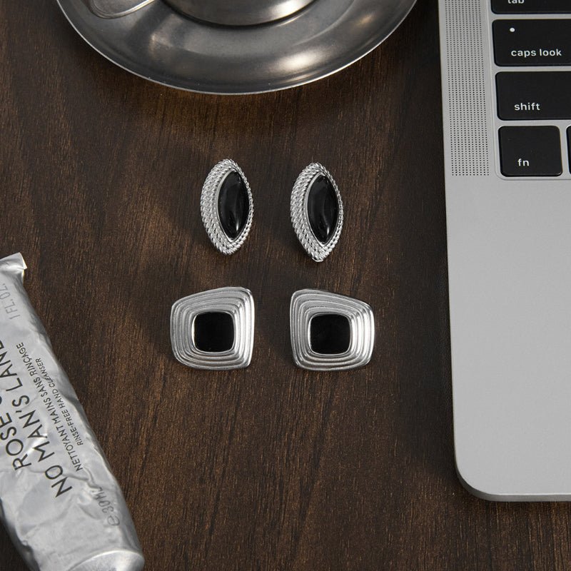 European American Black Enamel Stud Earrings Minimalist High Grade Stainless Steel Earrings Light Luxury Jewelry Titanium Steel Cross Border Jewelry