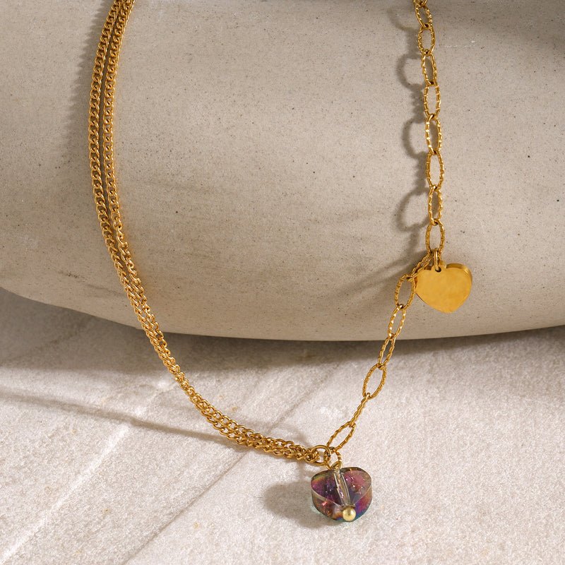 18K Gold Plated Stainless Steel Double Layer Anklet For Women 2024 New INS Fashion Purple Gradient Love Heart Crushed Stone Titanium Steel Anklet