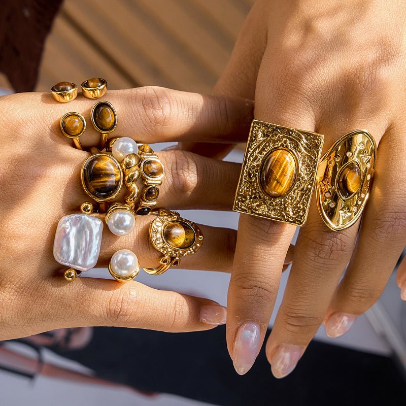 European American Stainless Steel Tiger Eye Ring Minimalist High Grade 18K Gold Jewelry Titanium Steel Cross Border Jewelry Rings