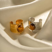 New 18K Gold Natural Stone Tiger Eye Wide Open Ring Stainless Steel Vintage High Quality Women Jewelry Ring