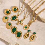 European American Stainless Steel Emerald Natural Stone Pendant Necklace Premium Vintage Stud Earrings Titanium Steel Jewelry Cross Border