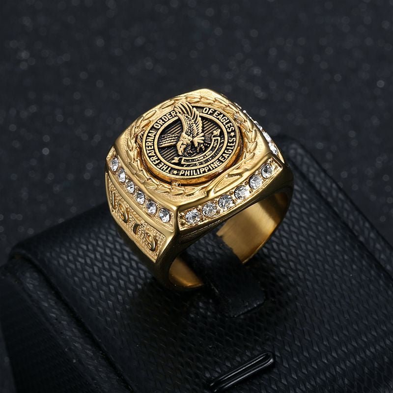 Hot Selling New Arrival for Southeast Asia Cross-border Market Stainless Steel Vacuum Gold Plated Diamond Inlaid Philippine Eagle Domineering Men's Ring
