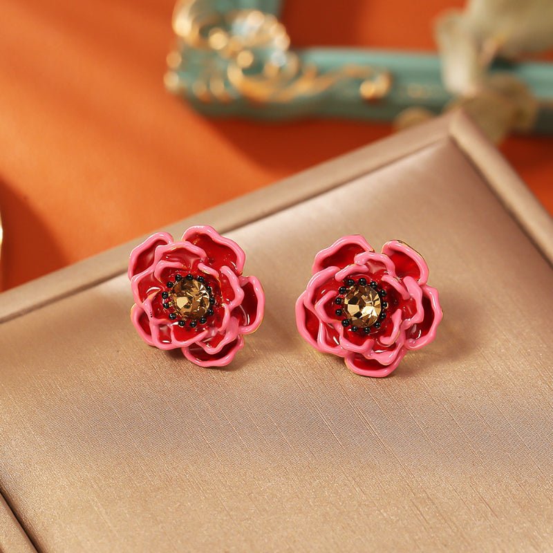 Luxury Red Flower Zircon Stud Earrings Sterling Silver Needle Stereo Design Elegant Fashion Earrings For Women