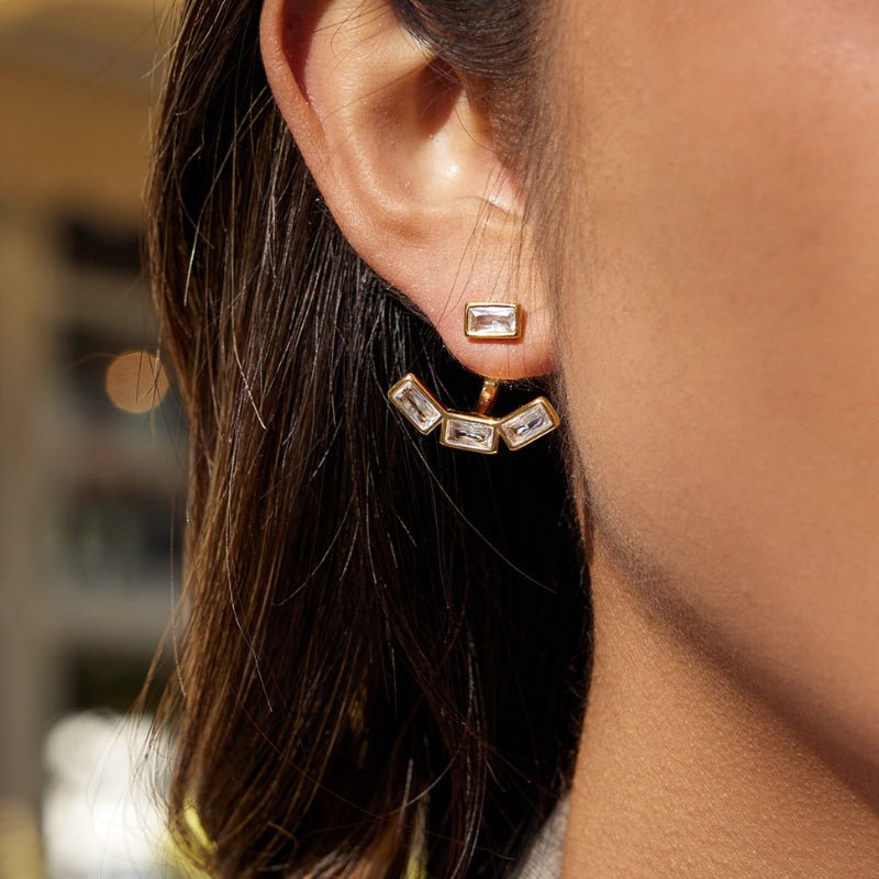 Cross Border Stainless Steel Front Back Zircon Earrings Light Luxury High Grade Minimalist Stud Earrings Titanium Steel Earrings European American Jewelry