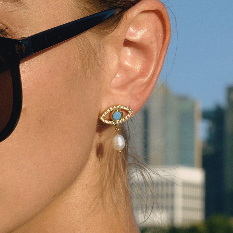 Titanium Steel Freshwater Pearl Earrings Evil Eye Stud Earrings Light Luxury Premium Earrings Stainless Steel Cross Border Jewelry