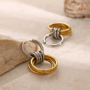 18K Gold Stainless Steel Earrings Color Block Smooth Steel Color Hoop With Three Gold Rings Titanium Steel Earrings