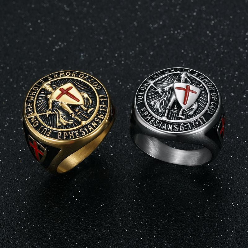 European and American New Hiphop Men Titanium Steel Gold Plated Ring Retro Knights Templar Red Cross Shield Finger Ring