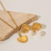 INS Fashion New Versatile 18K Gold Plated Stainless Steel Inlaid Freshwater Pearl Ginkgo Pendant Trendy Stylish Stud Earrings