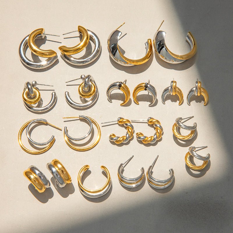 Stainless Steel C Hoop Earrings Two-Tone Color Block High-End Ins Style Titanium Steel Tarnish-Free Ear Studs for Women European American Cross-Border Jewelry