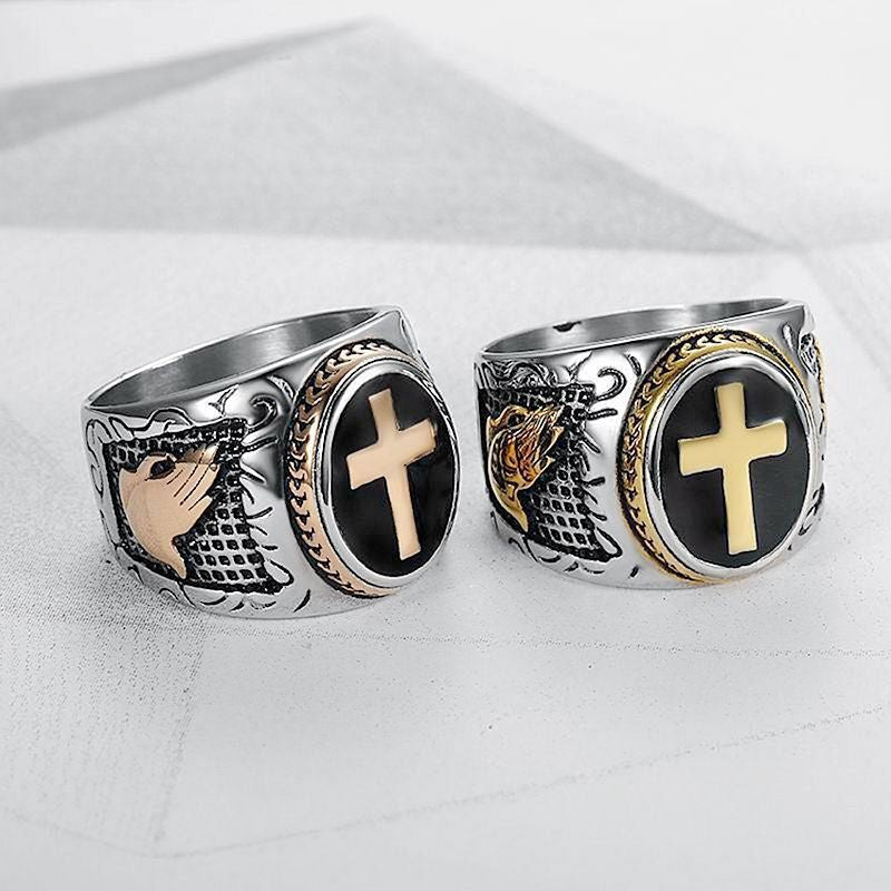 Cross Border New Hip Hop HIPHOP Jewelry Titanium Steel Color Retention Vacuum Gold Plated Hand of God Men Ring