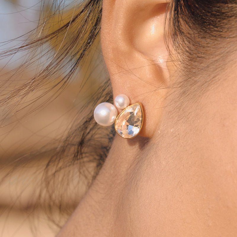 Stainless Steel Water Drop Zircon Faux Pearl Stud Earrings Light Luxury Premium Earrings Design Sense Cross Border Jewelry Titanium Steel