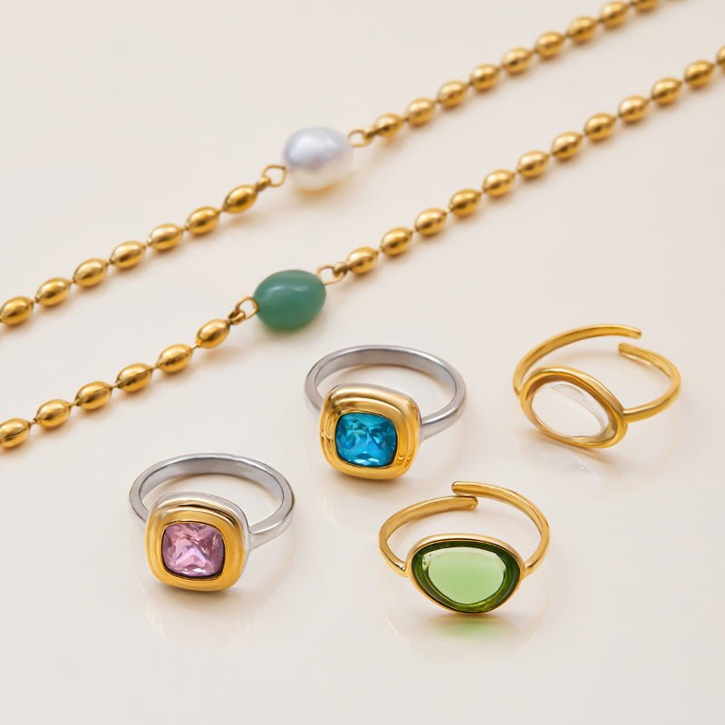 European American Titanium Steel Gold Ball Pearl Necklace Light Luxury Premium Jewelry Stainless Steel Natural Stone Ring Cross Border