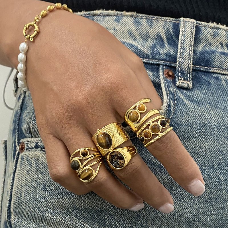 European American Stainless Steel Tiger Eye Stone Ring Premium Natural Stone Finger Ring Titanium Steel Jewelry Cross Border Rings