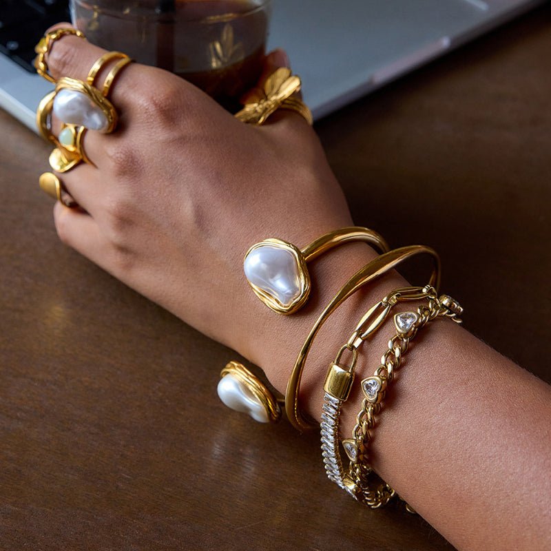 Cross Border Imitation Baroque Pearl Ring Titanium Steel Non Fading Open Bangle Premium Stainless Steel Women Jewelry