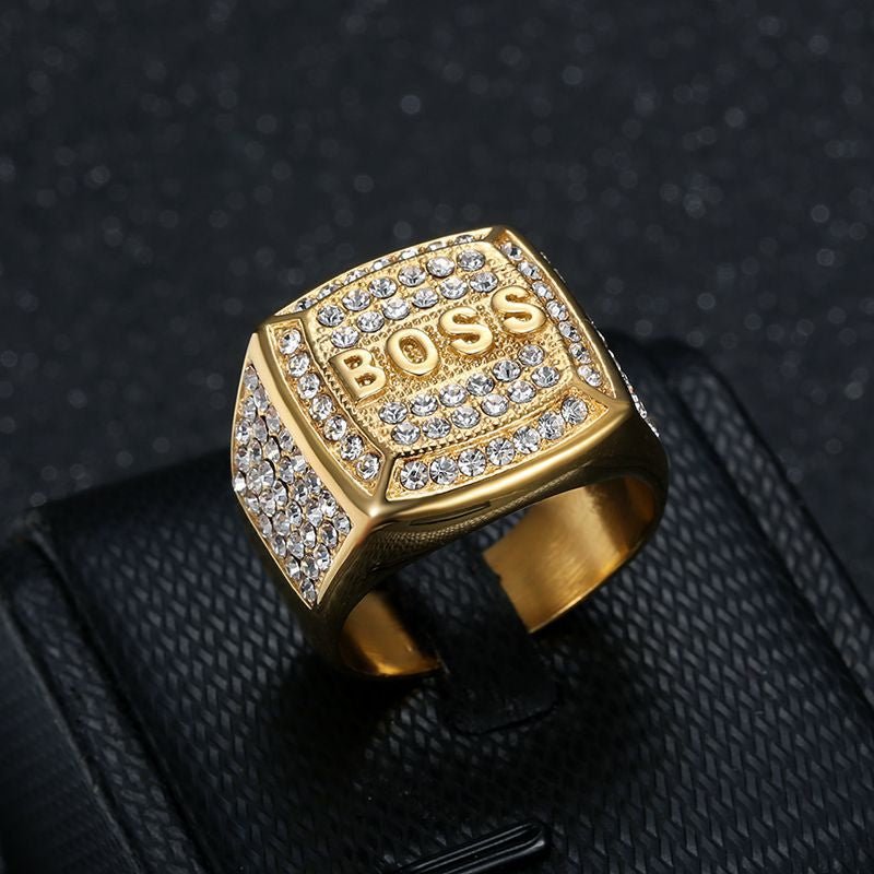 European and American New Hiphop HIPHOP Finger Ring Titanium Steel Vacuum Plated Rhinestone Square BOSS Letter Men Ring