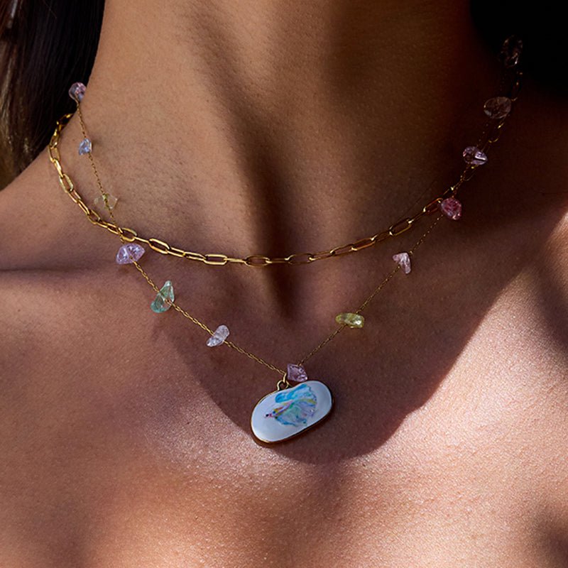 European American Color Natural Stone Titanium Steel Multi Layer Stackable Necklace Women Summer Stainless Steel Jewelry Premium Sense Cross Border