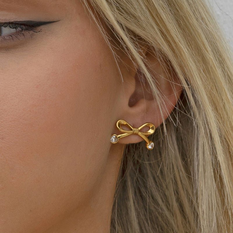 Stainless Steel Bow Love Heart Zircon Stud Earrings Light Luxury High Grade Ear Studs Titanium Steel Cross Border Jewelry