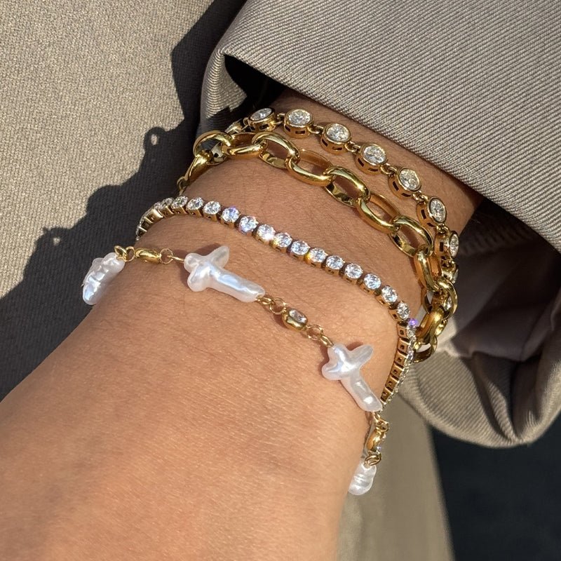 European American Stainless Steel Faux Pearl Bracelet Light Luxury Premium Cross Jewelry 18K Titanium Steel Cross Border Accessories