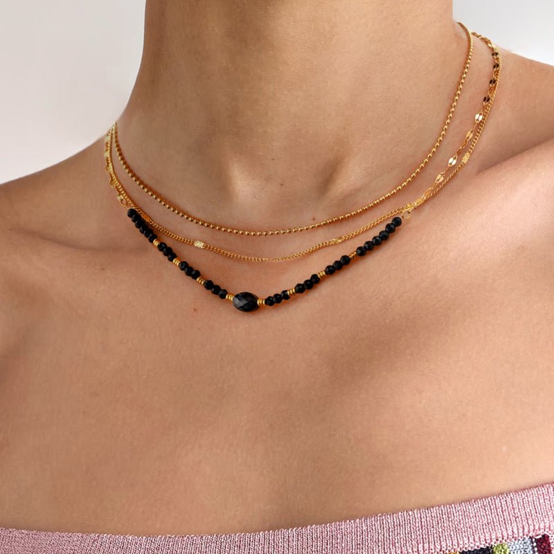European American Stainless Steel Black Crystal Natural Stone Multi Layer Necklace Premium Clavicle Chain Light Luxury Jewelry Cross Border