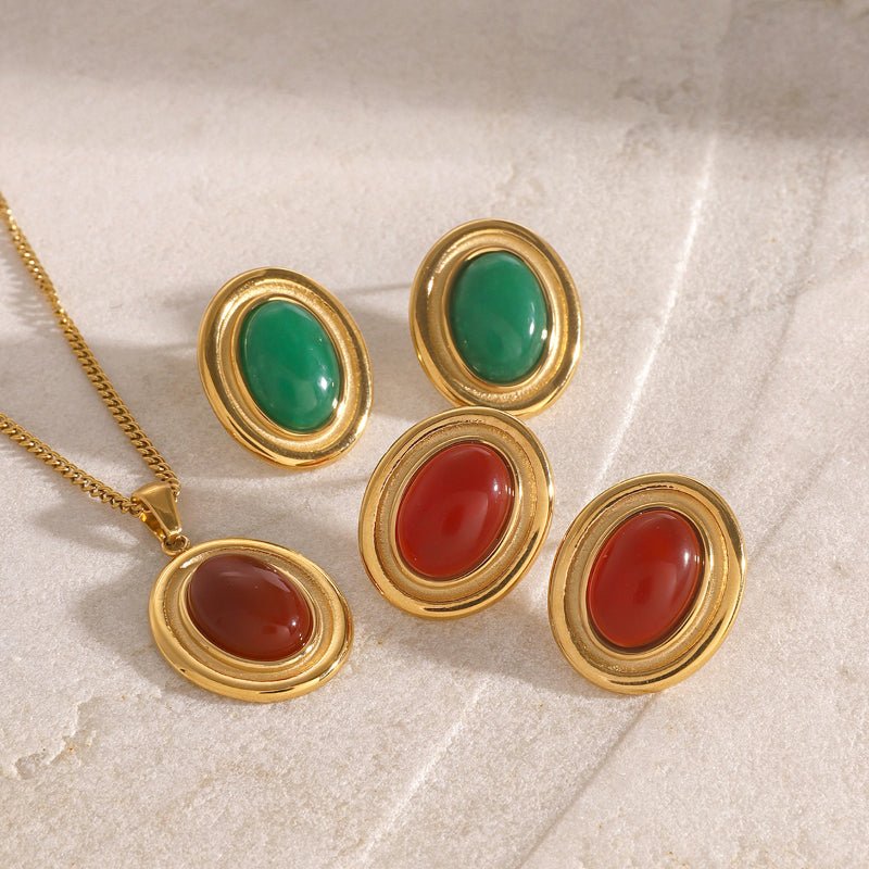 European American Stainless Steel Red Agate Pendant Necklace Premium Niche Natural Stone Stud Earrings Titanium Steel Jewelry Cross Border