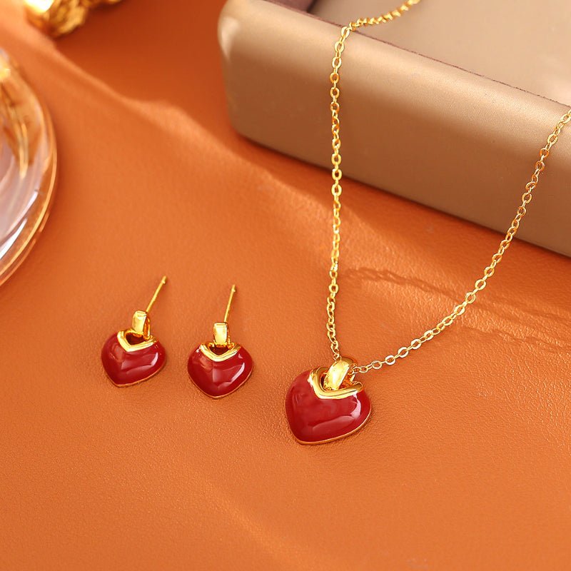 Ankola Red Enamel Drip Heart Stud Earrings Simple Fashion Luxury New Year Festive Jewelry Sweet Heart Necklace