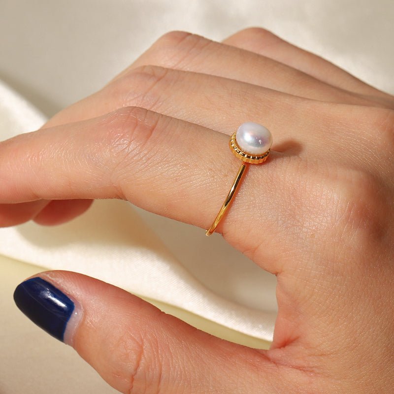 Fashion Internet Celebrity Same Style Ring 18K Gold Plated Stainless Steel Adjustable Freshwater Pearl Bread Bead Delicate Ring