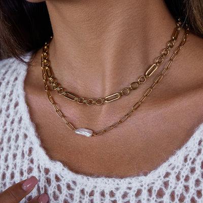 Paperclip Freshwater Pearl Necklace Light Luxury Clavicle Chain Stainless Steel Zircon Cross Border Jewelry