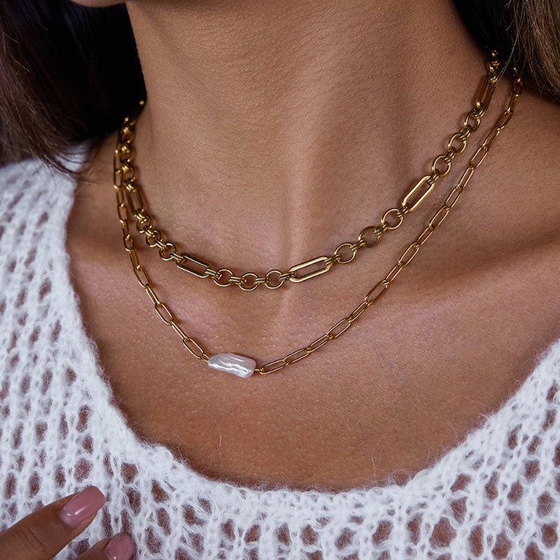 Paperclip Freshwater Pearl Necklace Light Luxury Clavicle Chain Stainless Steel Zircon Cross Border Jewelry