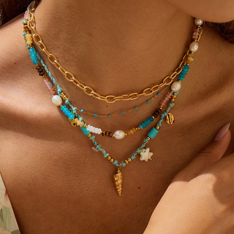 Cross Border Hot Selling Natural Stone Beaded Titanium Steel Necklace Premium Stainless Steel Clavicle Chain Niche Design