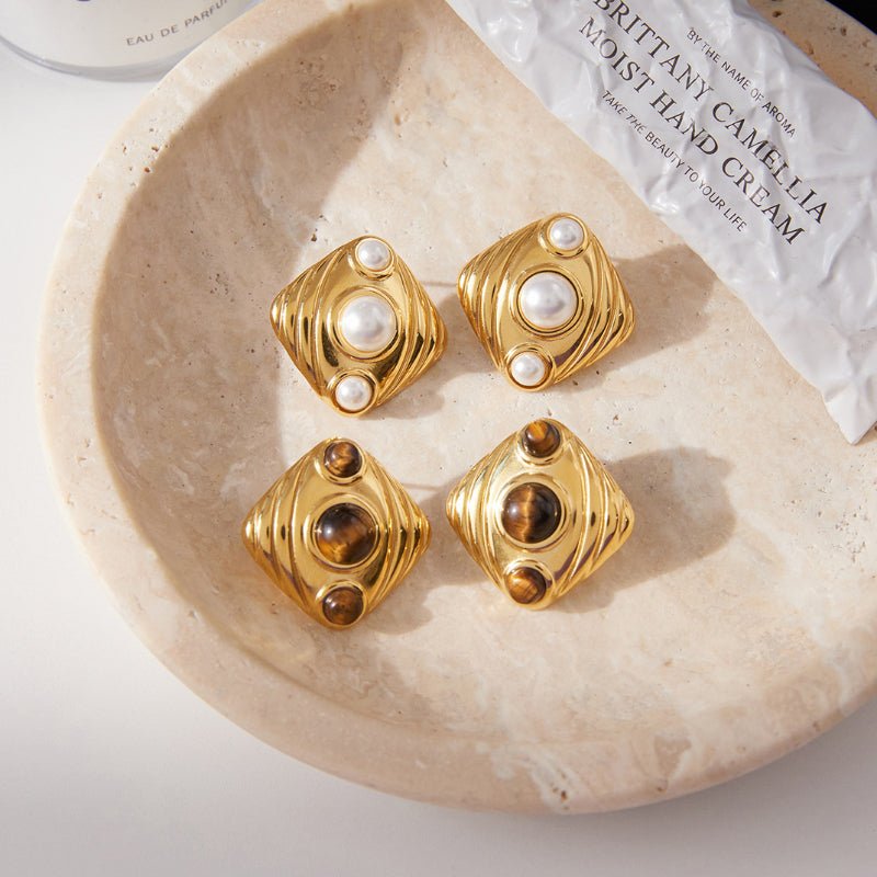 Titanium Steel Tiger Eye Stud Earrings Light Luxury Premium Earrings Faux Pearl Earrings Stainless Steel Jewelry Cross Border Jewelry