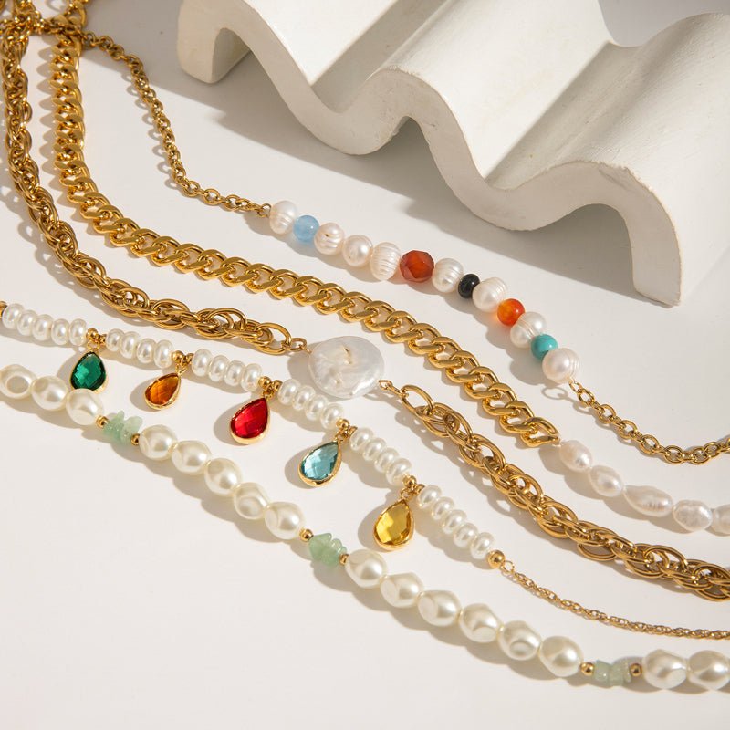 Cross Border Jewelry Stainless Steel Pearl Necklace Premium Clavicle Chain Titanium Steel European American INS Natural Stone Chain