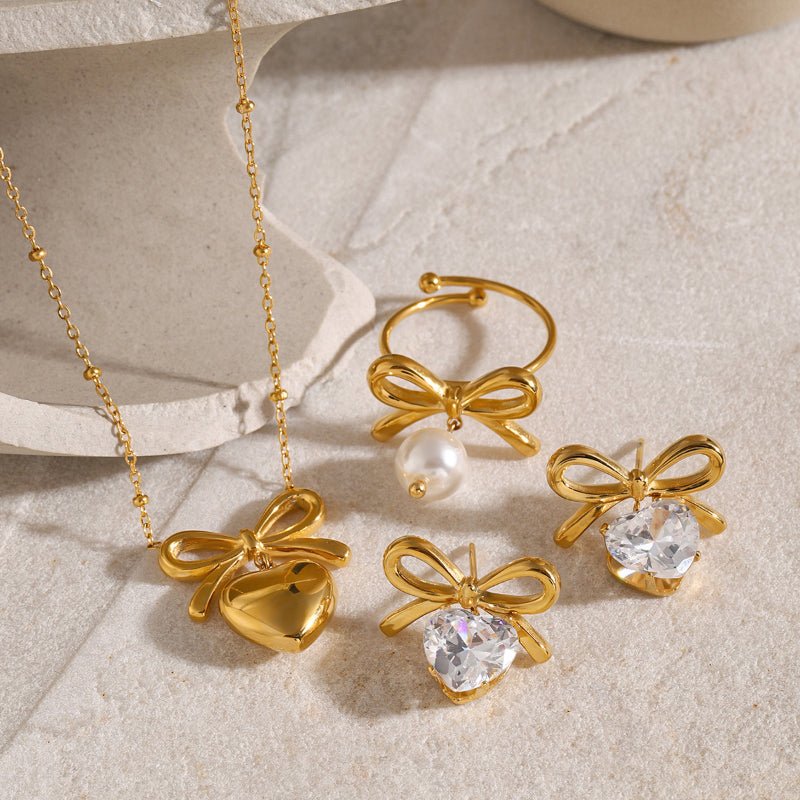 18k Gold Plated Stainless Steel Necklace For Women Imitation Swarovski Bow Adjustable Ring INS Simple Pearl Pendant Earrings