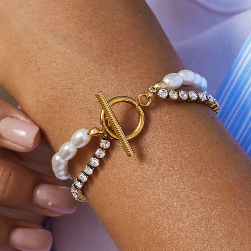 European American Stainless Steel Faux Pearl Bead Chain Double Layer OT Clasp Bracelet Light Luxury Titanium Steel Jewelry Premium