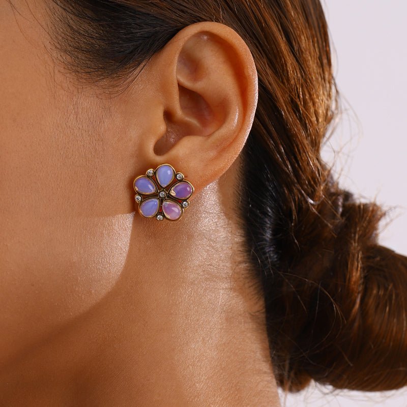 European American Stainless Steel Natural Stone Flower Earrings Premium Zircon Texture Stud Earrings Exquisite Women Jewelry