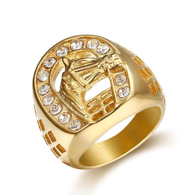 European and American Cross-border New Hip Hop HIPHOP Jewelry Titanium Steel Gold Plated Zircon Horse Head Men Ring
