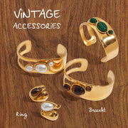 Natural Stone Titanium Steel Open Bangle For Women Non Fading Jewelry Stainless Steel Ring Cross Border Hot Selling Clover Jewelry