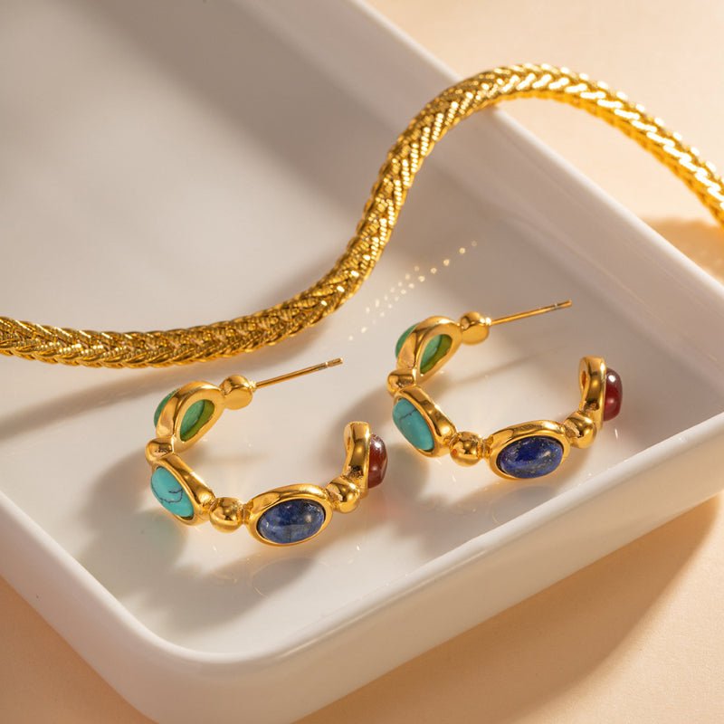 European American INS Influencer 18K Gold Plated Stainless Steel Inlaid Natural Stone C Shape Earrings Fashion Versatile Earrings