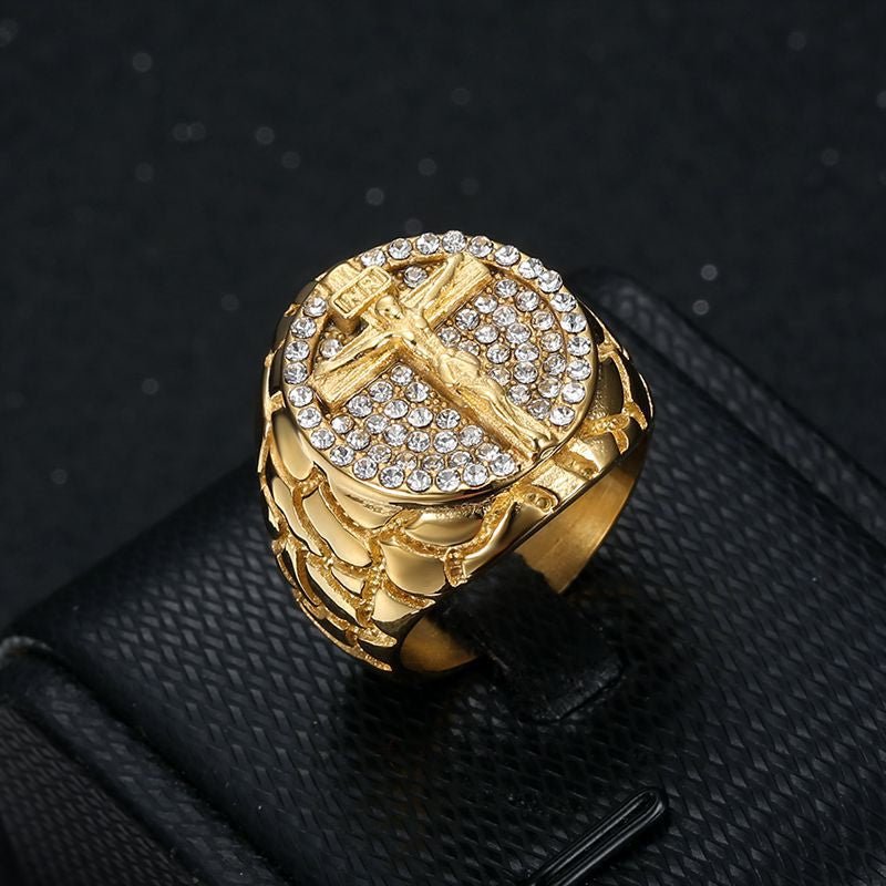 European and American Cross Border New Hiphop Hip Hop Finger Ring Titanium Steel Vacuum Gold Plated Rhinestone Cross Men Ring