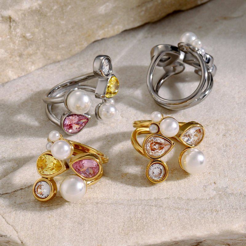 18K Gold Stainless Steel Ring Women INS Irregular White Zircon Faux Pearl Open Titanium Steel Ring