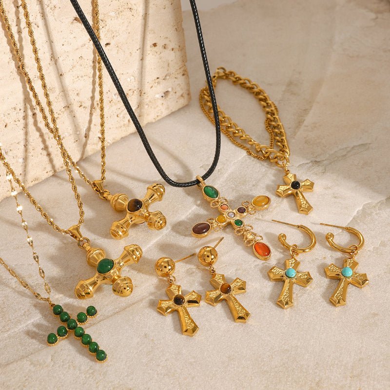 Stainless Steel Natural Stone Necklace Pendant Premium Niche Clavicle Chain Cross Earrings Jewelry Cross Border