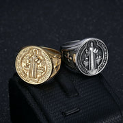 Amazon Hot Selling New Arrival Hip Hop Titanium Steel Jewelry Saint Benedict Exorcism Medal Stainless Steel Gold Plated Men Ring
