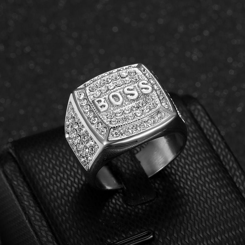 European and American New Hiphop HIPHOP Finger Ring Titanium Steel Vacuum Plated Rhinestone Square BOSS Letter Men Ring