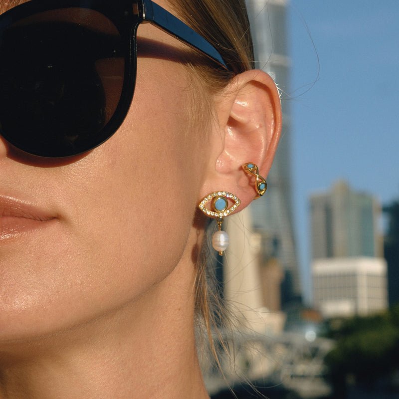 Titanium Steel Freshwater Pearl Earrings Evil Eye Stud Earrings Light Luxury Premium Earrings Stainless Steel Cross Border Jewelry